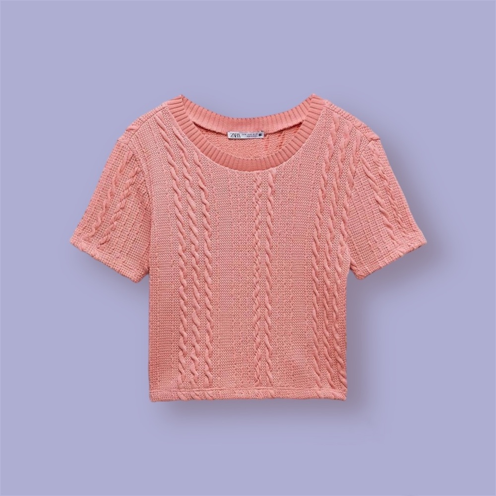 ZARA PINK CABLE KNIT TEE CROP TOP (S)